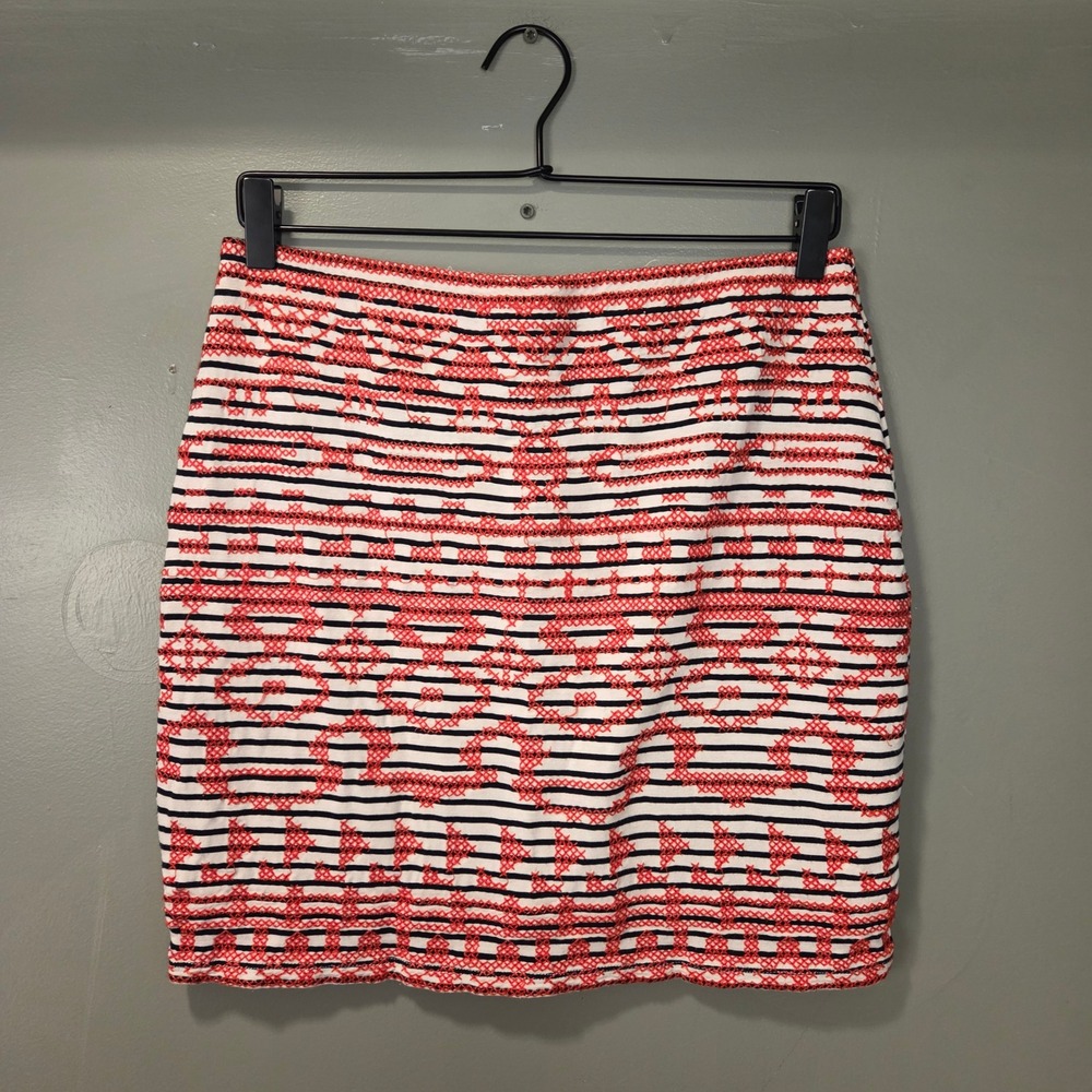 THML Women's Brandi Pull On Mini Skirt Size M Stripes Embroidered Cross Stitch